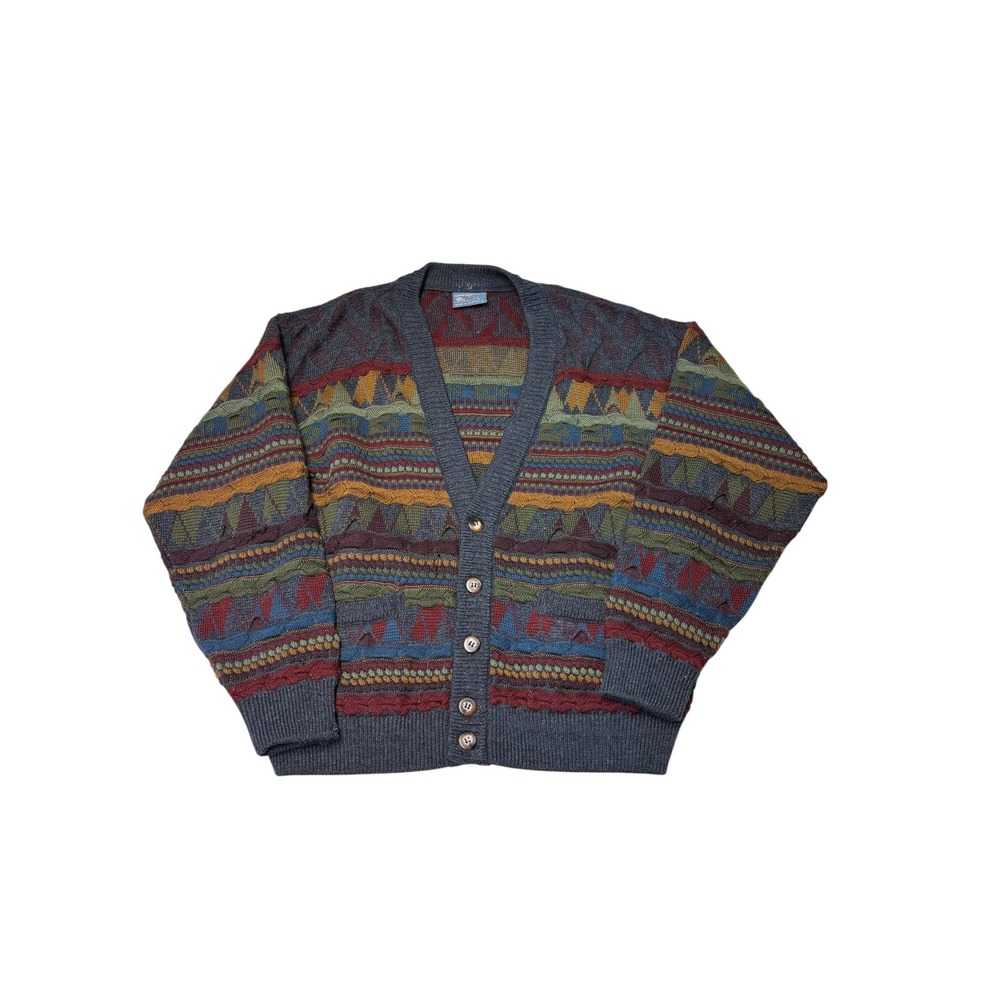 Vtg Geccu Australia Pure Wool 3D‎ Knit Cardigan Sweater Mens Large Multi Color